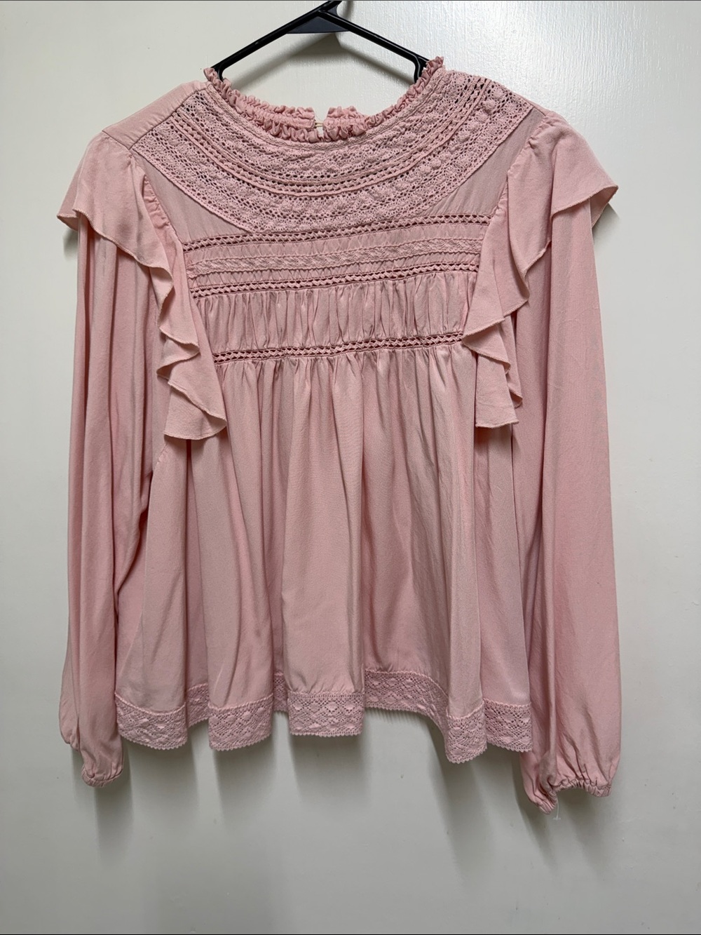 Light Pink Long-Sleeve Ruffle & Lace-Yoke Blouse